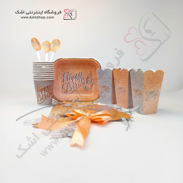تم تولد گلبه ای طوسی بشقاب لیوان ظرف پاپکورن چنگال پرچم ریسه چاقو برش کیک ظرف پاپکورن