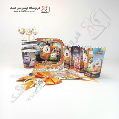 بشقاب لیوان ظرف پاپکورن پرچم ریسه چاقو برش و سرو کیک چنگال تم تولد تولدی کوری کارسون