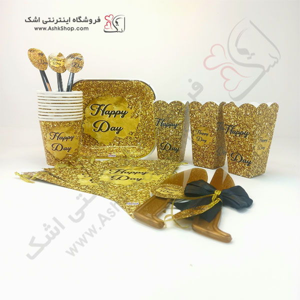 تم تولد رنگ رنگی تولدی هپی مبارک بشقاب لیوان ظرف پاپکورن چاقو برش کیک چنگال پرچم ریسه تولدی طلایی