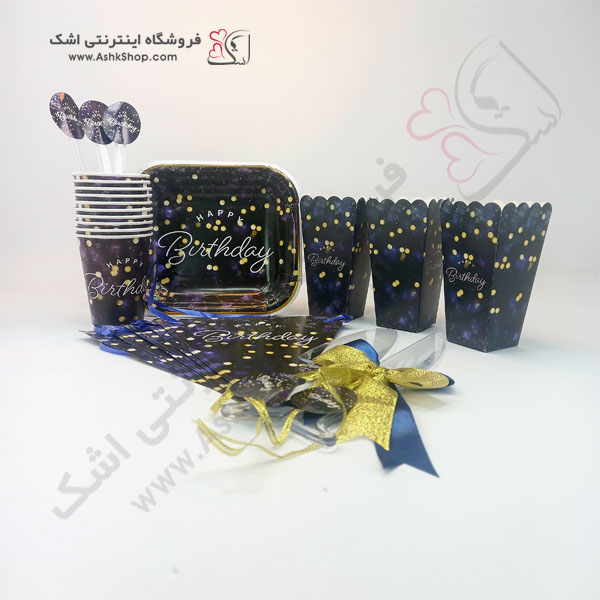 تم تولد رنگ رنگی تولدی هپی مبارک بشقاب لیوان ظرف پاپکورن چاقو برش کیک چنگال پرچم ریسه تولدی شب