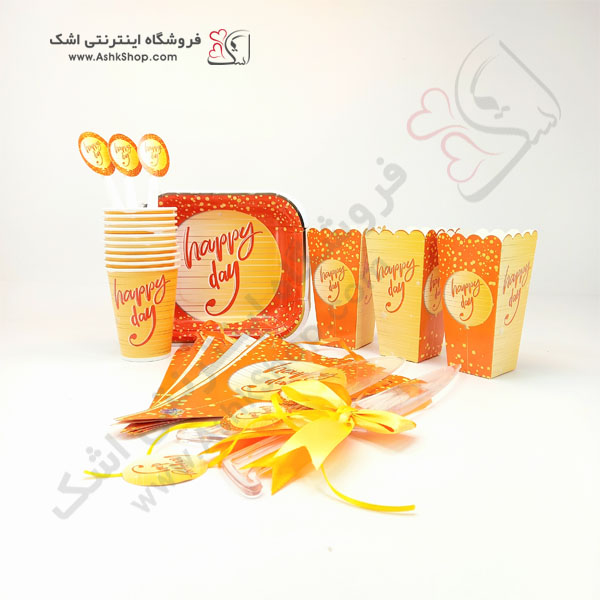 تم تولد رنگ رنگی تولدی هپی مبارک بشقاب لیوان ظرف پاپکورن چاقو برش کیک چنگال پرچم ریسه تولدی نارنجی پرتقالی