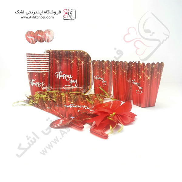 تم تولد رنگ رنگی تولدی هپی مبارک بشقاب لیوان ظرف پاپکورن چاقو برش کیک چنگال پرچم ریسه تولدی قرمز سرخ